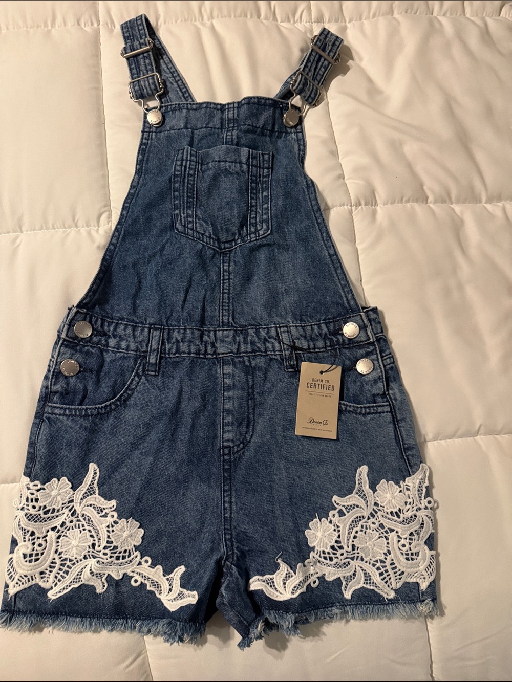 Denim&Co Blue Jean Short Overalls with White Lace Trim
